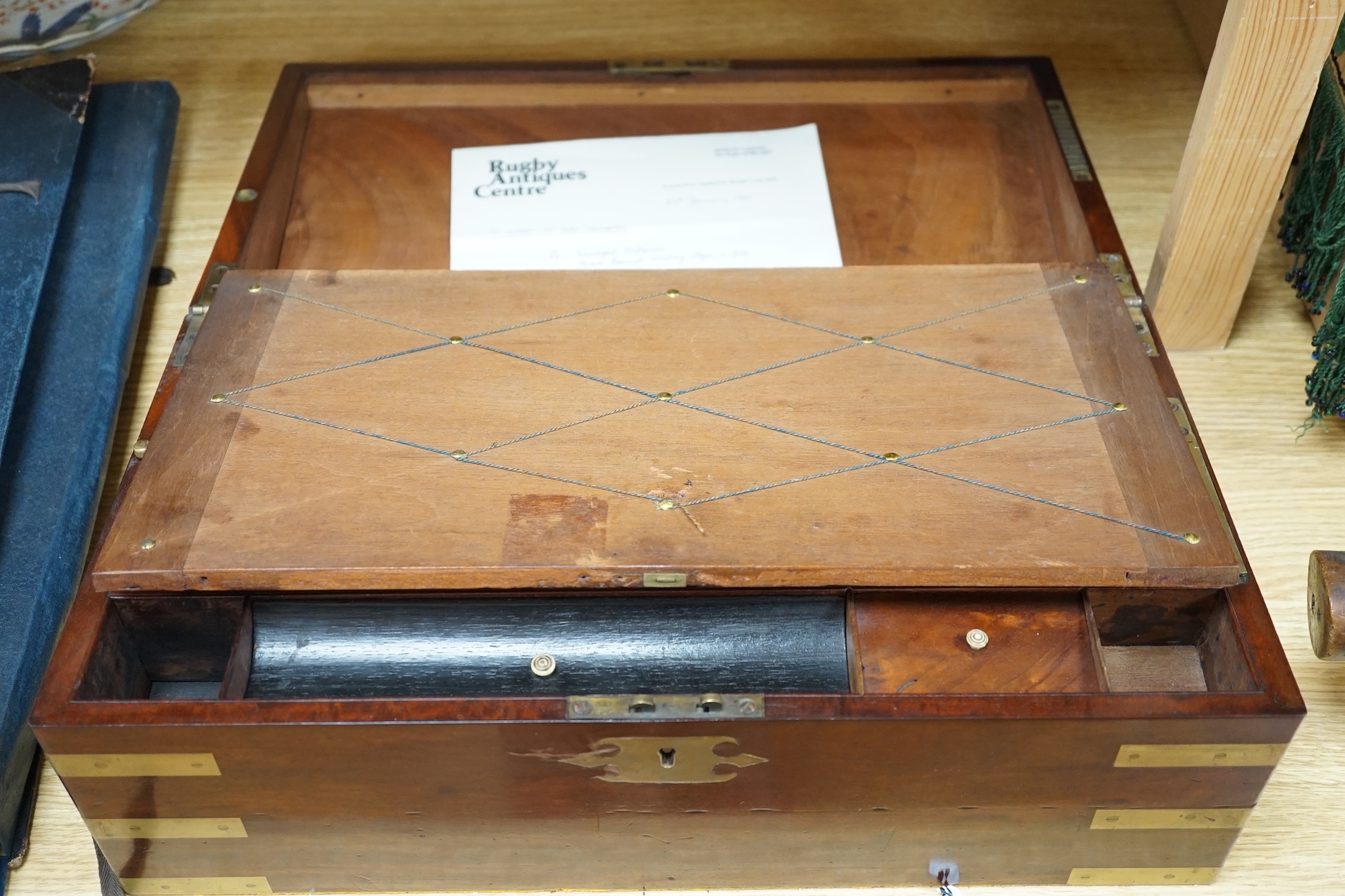 A Victorian brass bound mahogany writing slope, 45cm wide